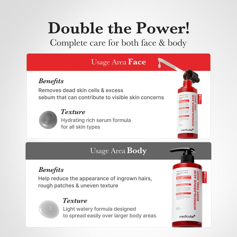 Hypochlorous Acid Rice Peel Shot Duo For Face & Body |Gentle Exfoliating Serum for Dead Skin Cells & Pore Care